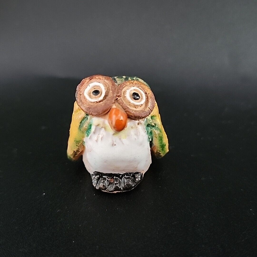 Vintage 1975 Enesco Hand Made Pottery Big Eyed Owl Mini Figurine Glazed Owl.