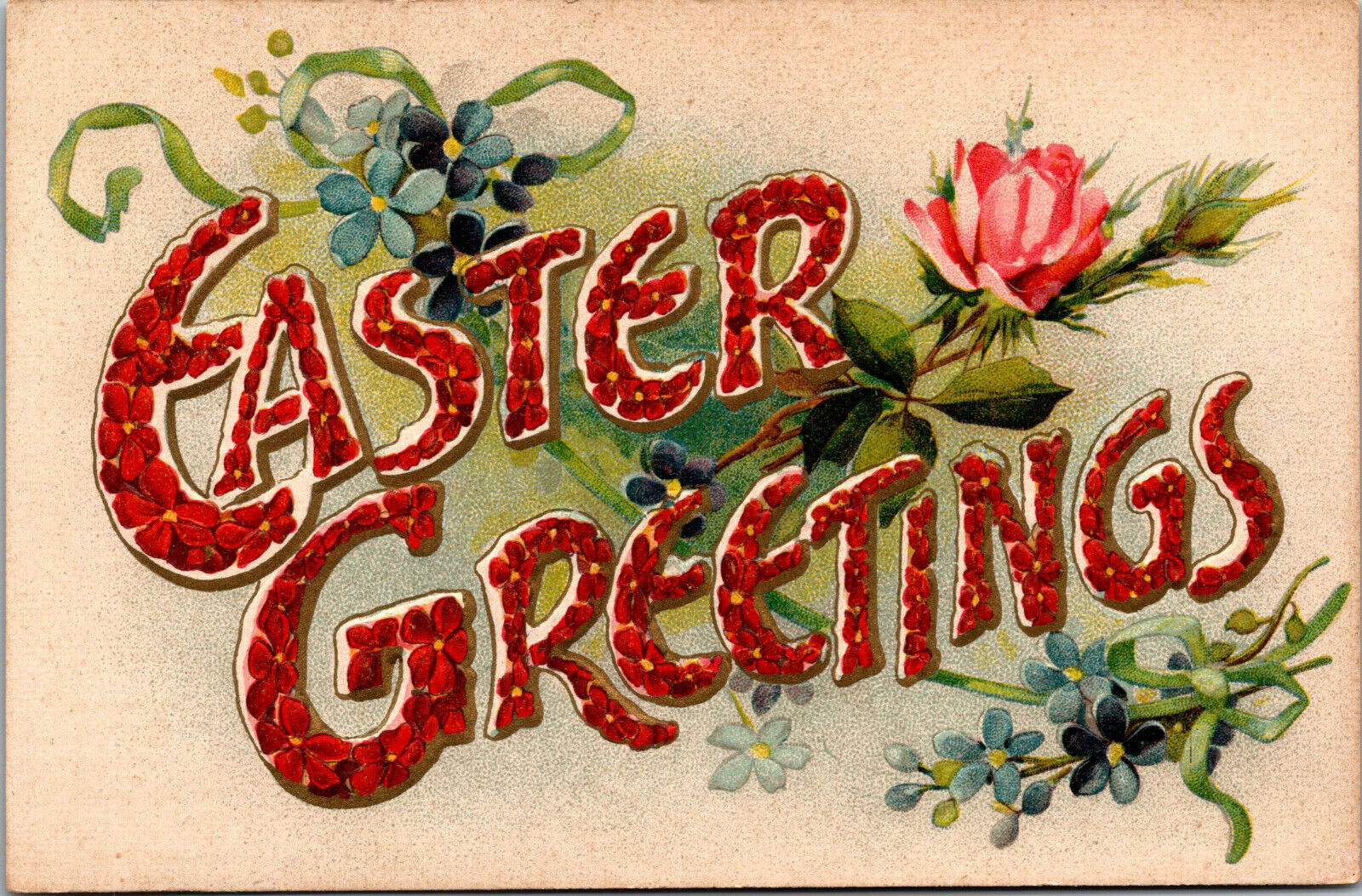 Vtg 1910s Easter Greetings Red Blue Flowers Pink Rose Embossed Postcard