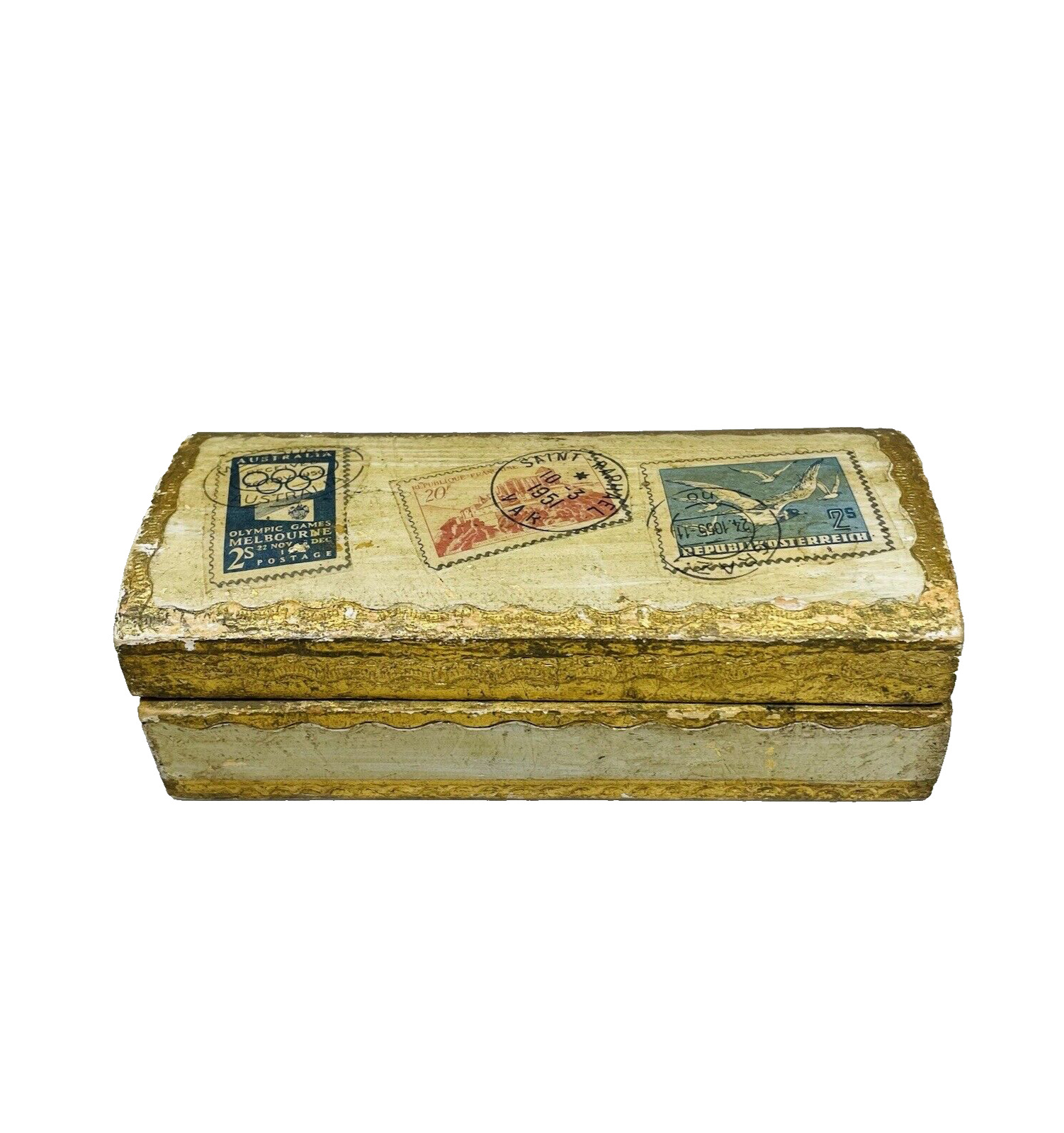 Vintage Italian Florentine Gold Gilded Postage Stamp Box Desk Dome Hinged Lid