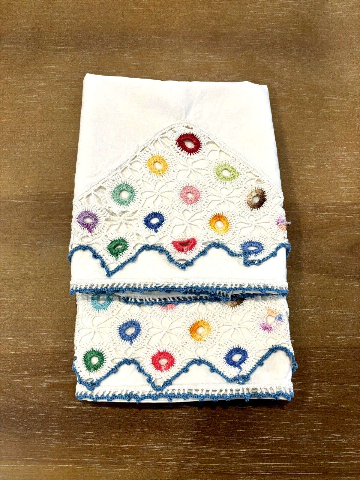 Pr. Vintage Crocheted Pillowcases White with Multi Color Edge Design Standard