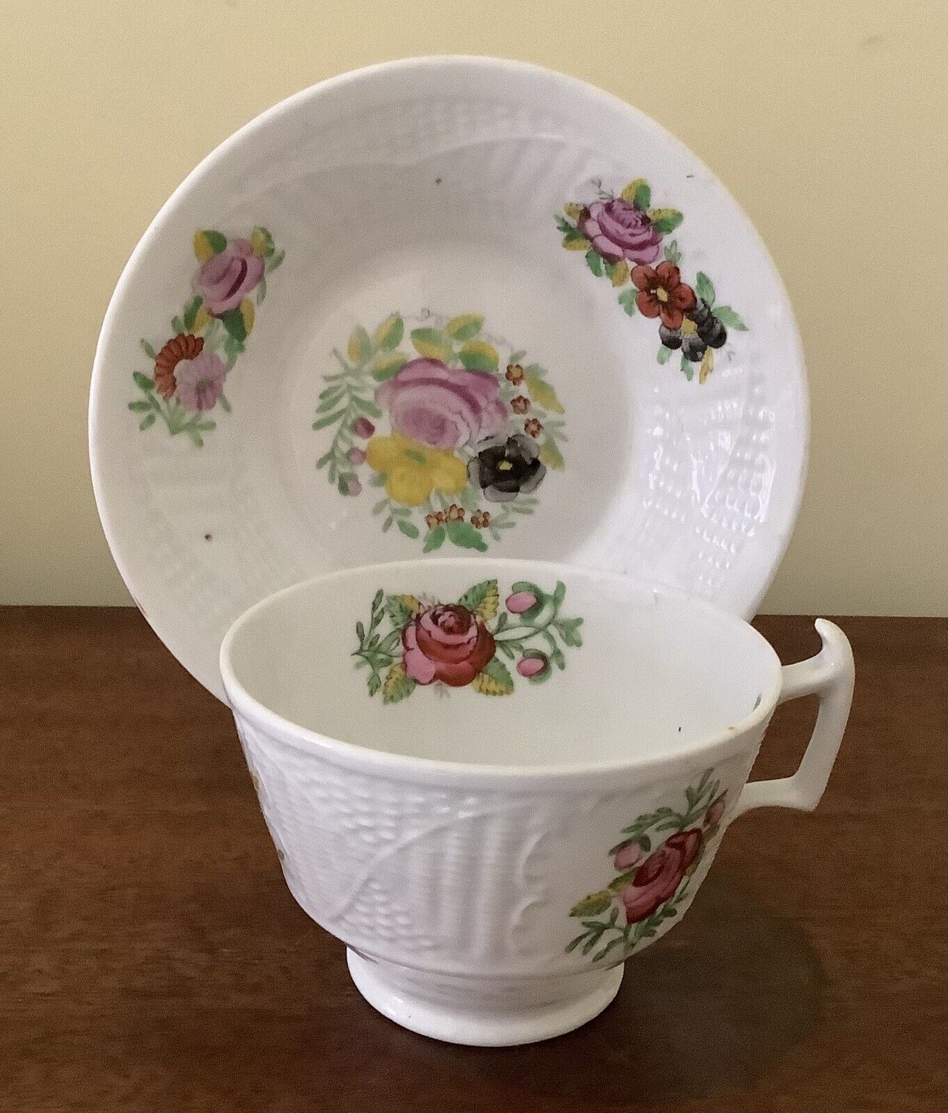 Early Antique Cup Saucer Victorian Hand Painted Roses With Embossed Pattern