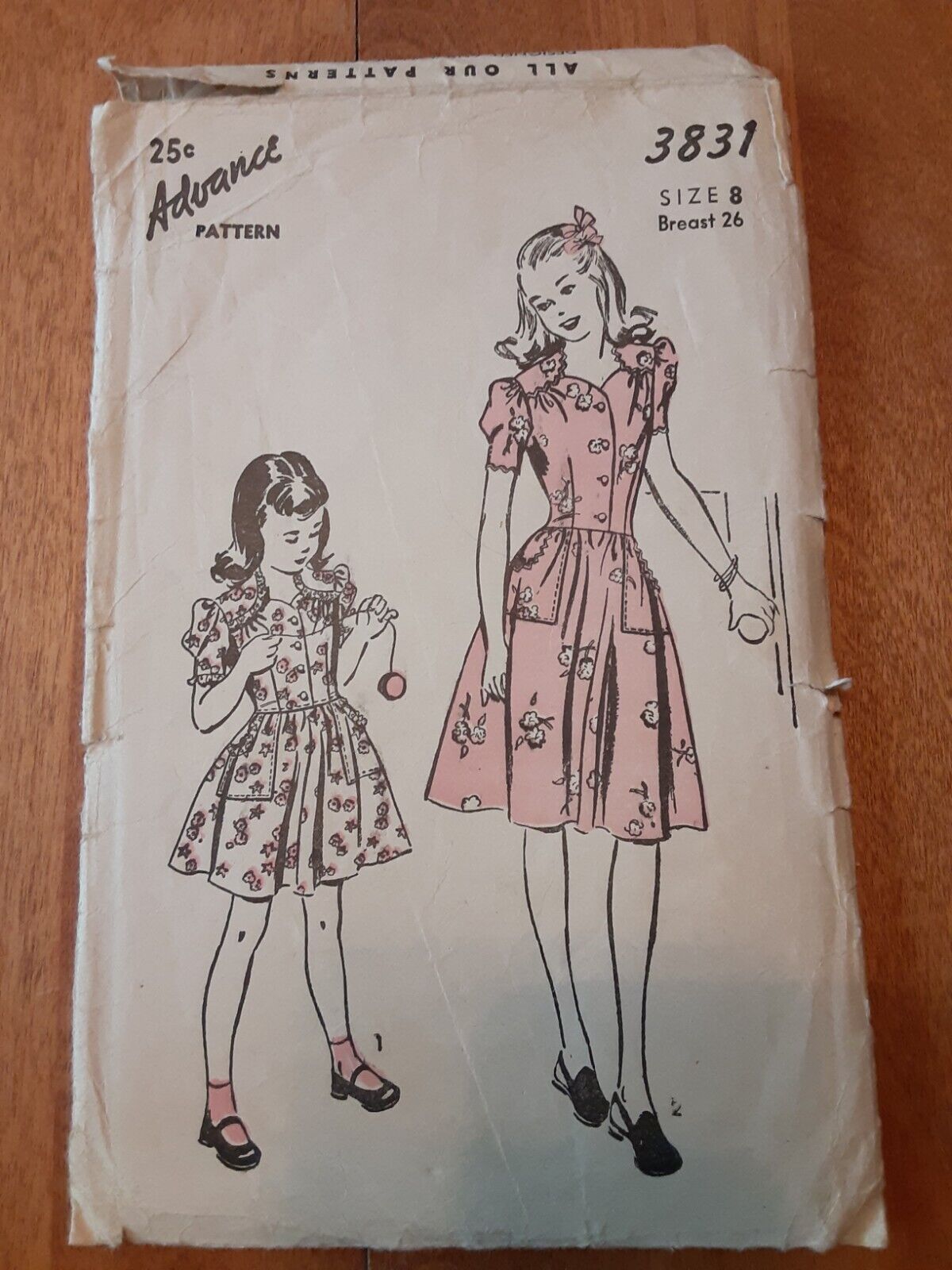 Vtg 1940's Advance Pattern 3831 Girls Size 8 Breast 26 Sweetheart Neckline Dress