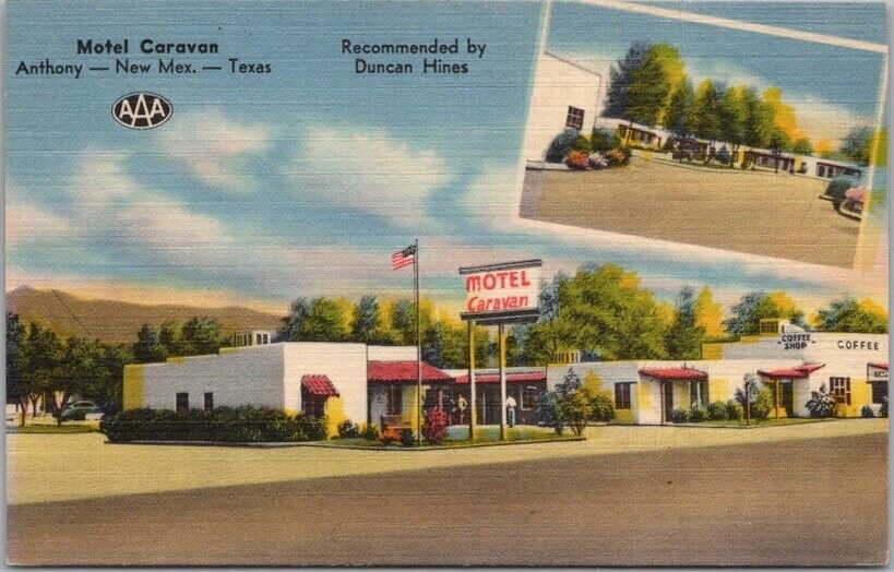 c1950s ANTHONY, New Mexico / Texas Postcard MOTEL CARAVAN Highway 80 Linen