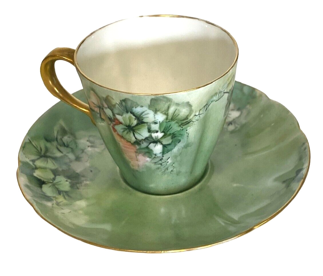 Antique H&Co L Haviland & Co. France Green Floral Tea Cup and Saucer Set