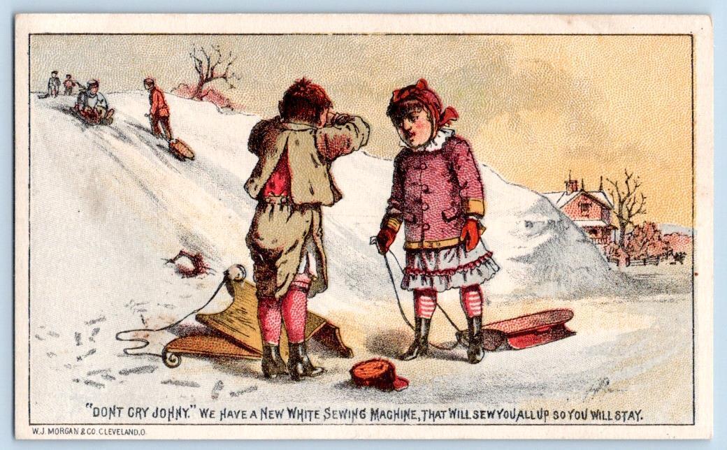 1880\'s WHITE SEWING MACHINE DON\'T CRY SLEDDING ACCIDENT VICTORIAN TRADE CARD