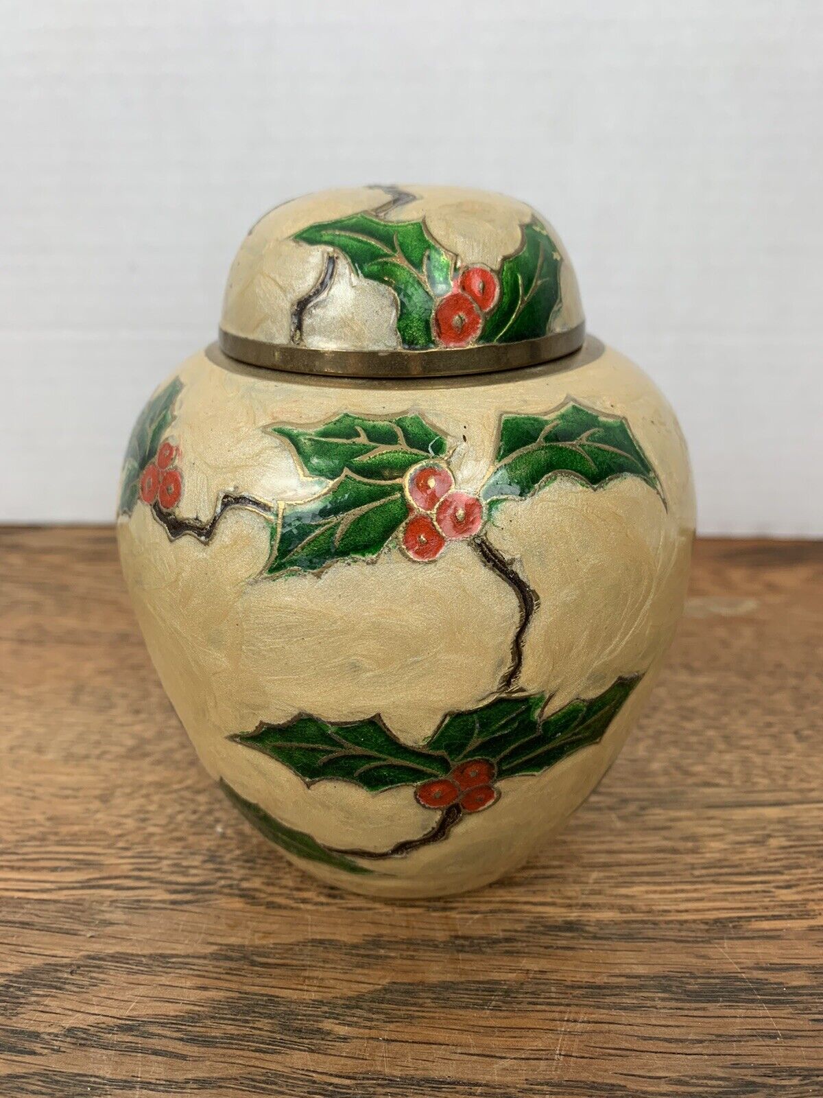 Christmas Holly Cloisonne Lidded Ginger Jar 5 Inches tall