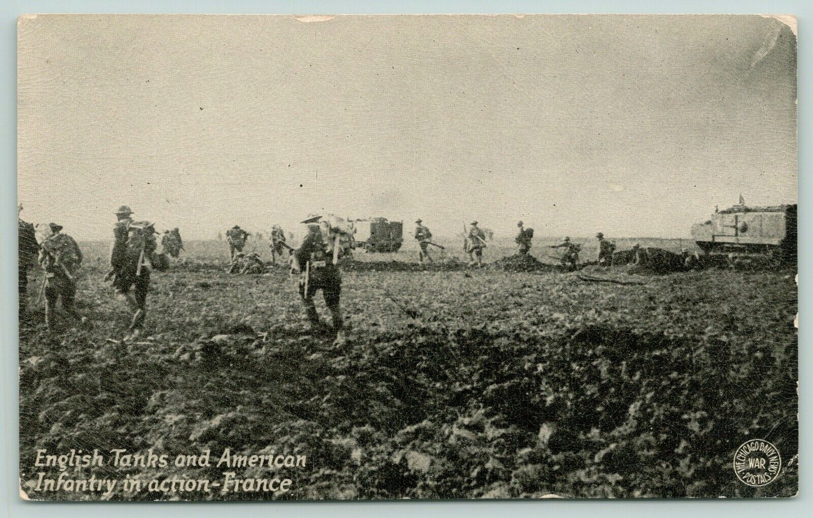 WWI France~Military~English Tanks~American Troops~Kavanaugh War Postal~1917 PC