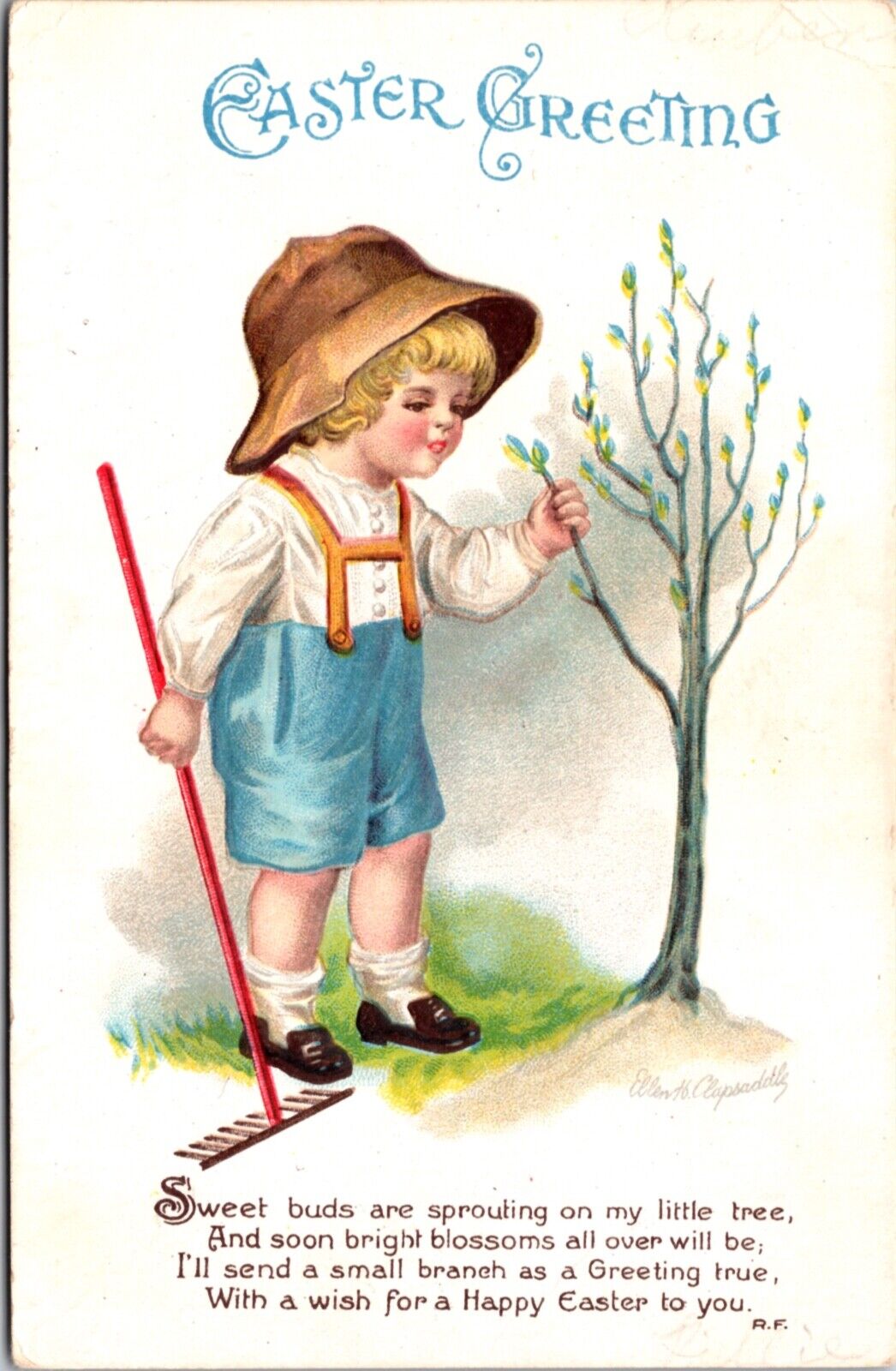 Clapsaddle Easter Postcard Young Child Gardening Holding Rake Blooming Tree
