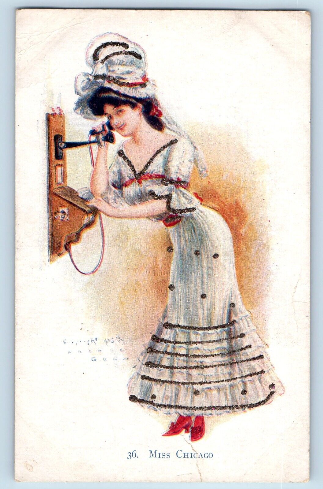 Gun Artist Signed Postcard Pretty Woman Telephone Miss Chicago c1905 Antique