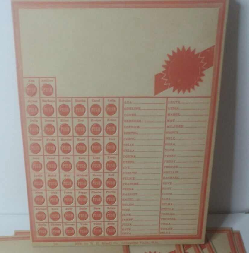 Antique Gambling Punch Card 50 Women\'s Names Raffle Lottery W.H. Brady Co Unused