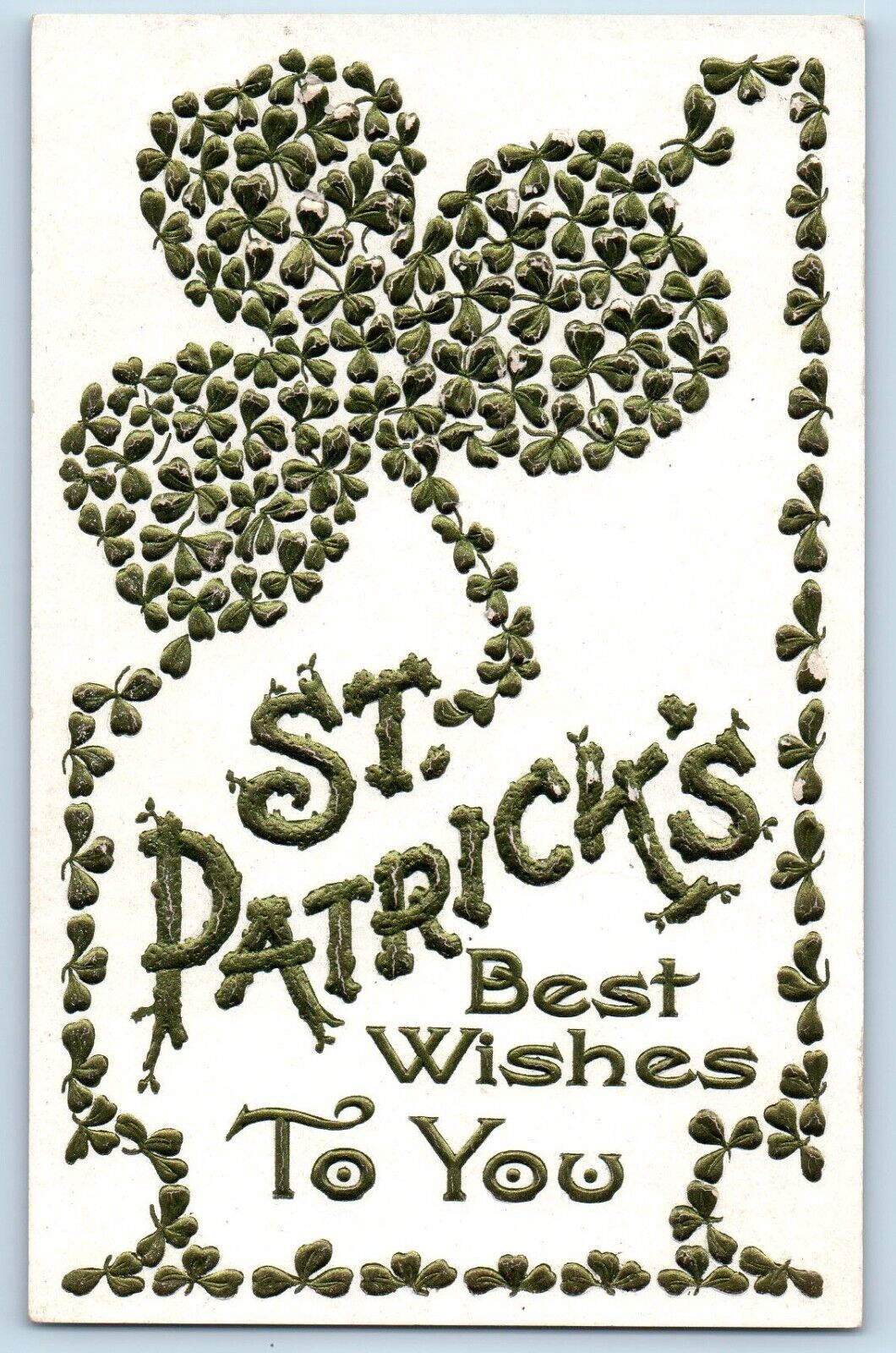 St. Patrick\'s Day Postcard Best Wishes Shamrocks Embossed c1910\'s Antique