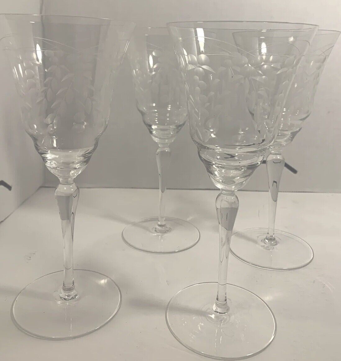 Vintage Grapevine Crystal Etched Set Of 4 Antique Champagne Goblets