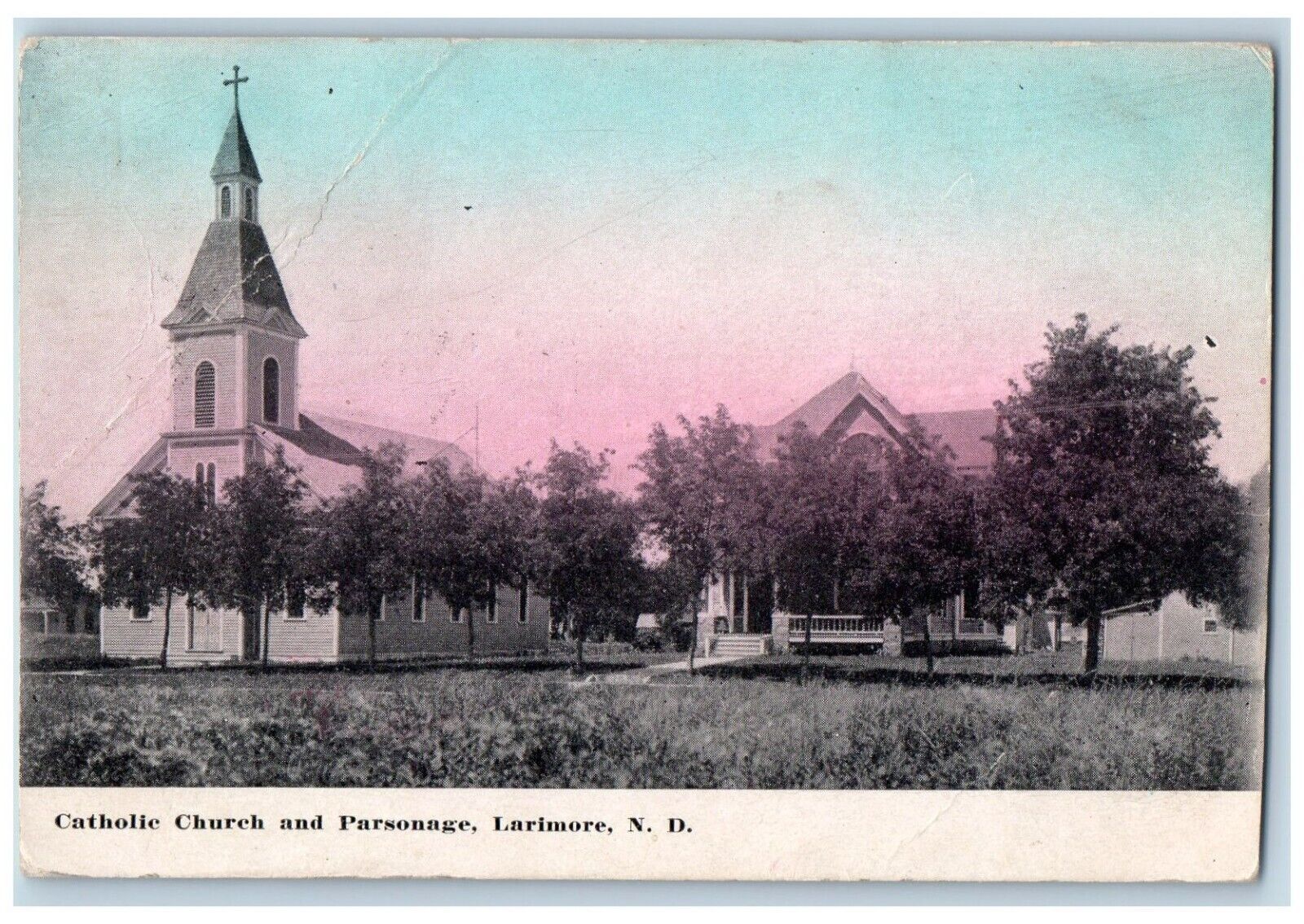 Larimore North Dakota ND Postcard Catholic Church Parsonage 1910 Vintage Antique