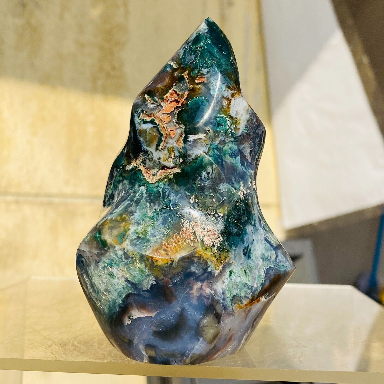 515g Natural Colorful Ocean Jasper Torch Quartz Crystal Flame Point Healing