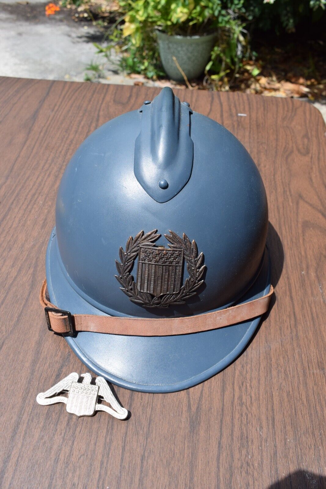 French Repro WWI M15 Adrian Helmet Horizon Blue, AMERICAN FIELD SERVICE -W/PIN