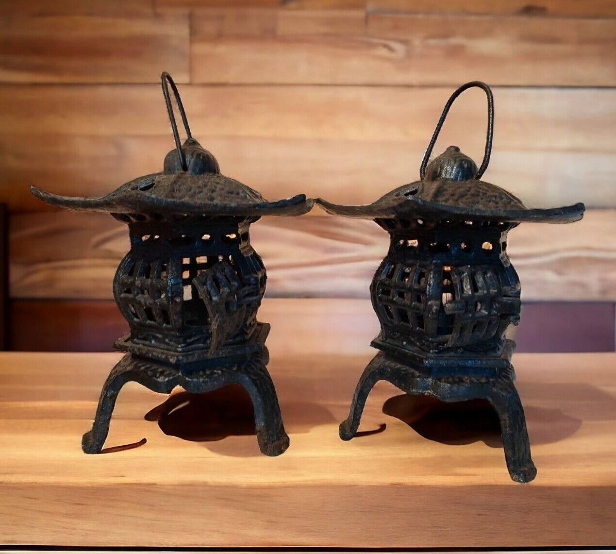 Pair Of Cast Iron Pogoda Candle Holders Hanging Lanterns 