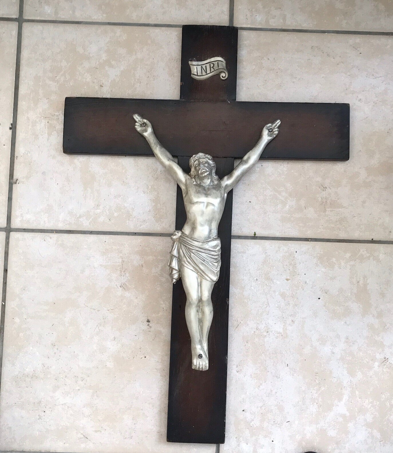 Large French Wall Crucifix Heavy Silver 28” Wood Cast Metal Church France Brown