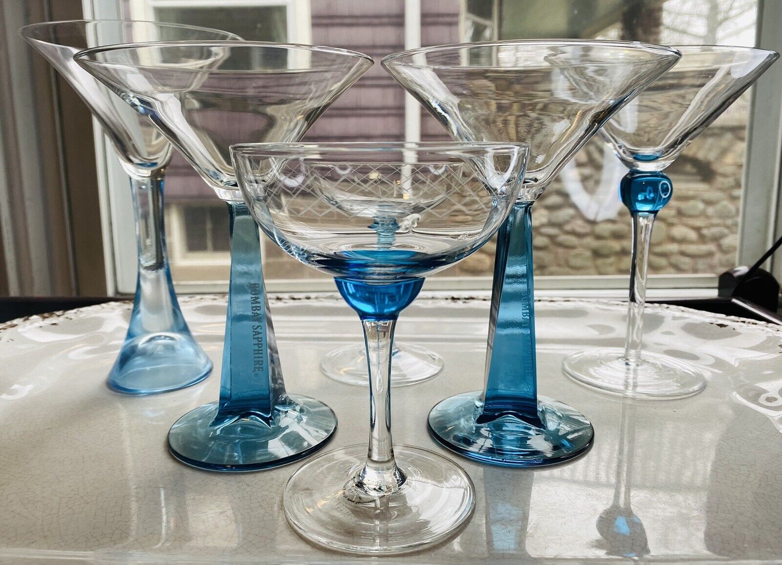 Bombay Sapphire Gin Martini Glass Blue Collectible Barware Party Set Of 6