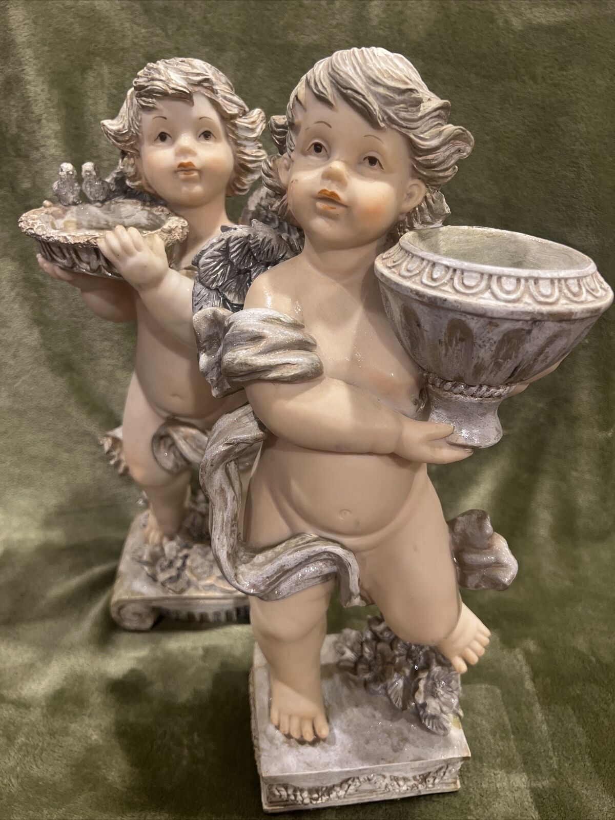 Rare Vtg Cherub Angels Silver Statues Resin Garden Christmas  15” Tall Set Of 2