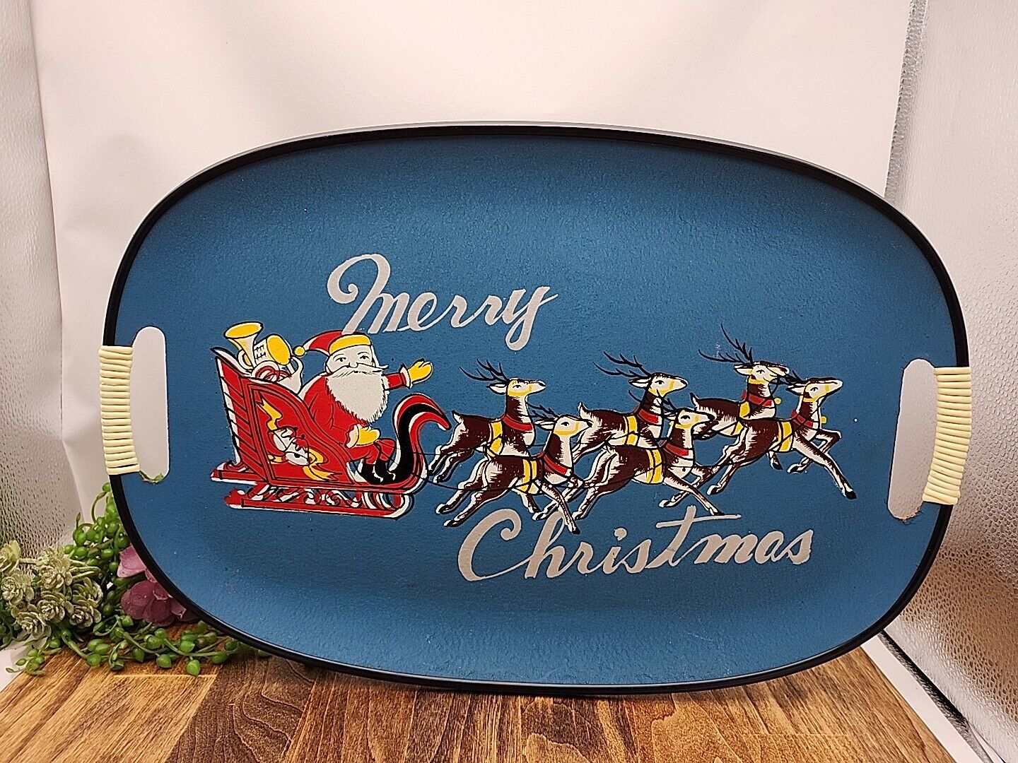 Vintage Merry Christmas Serving Tray Blue Santa Sleigh Reindeers