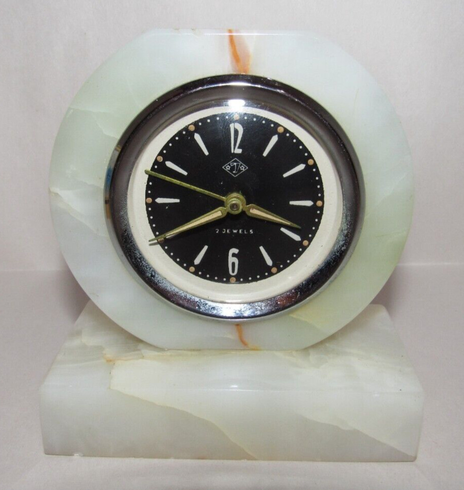 Art Deco White Onyx Desk Clock with Alarm 30-Hour Wind-up Mechanical 7 Jewels