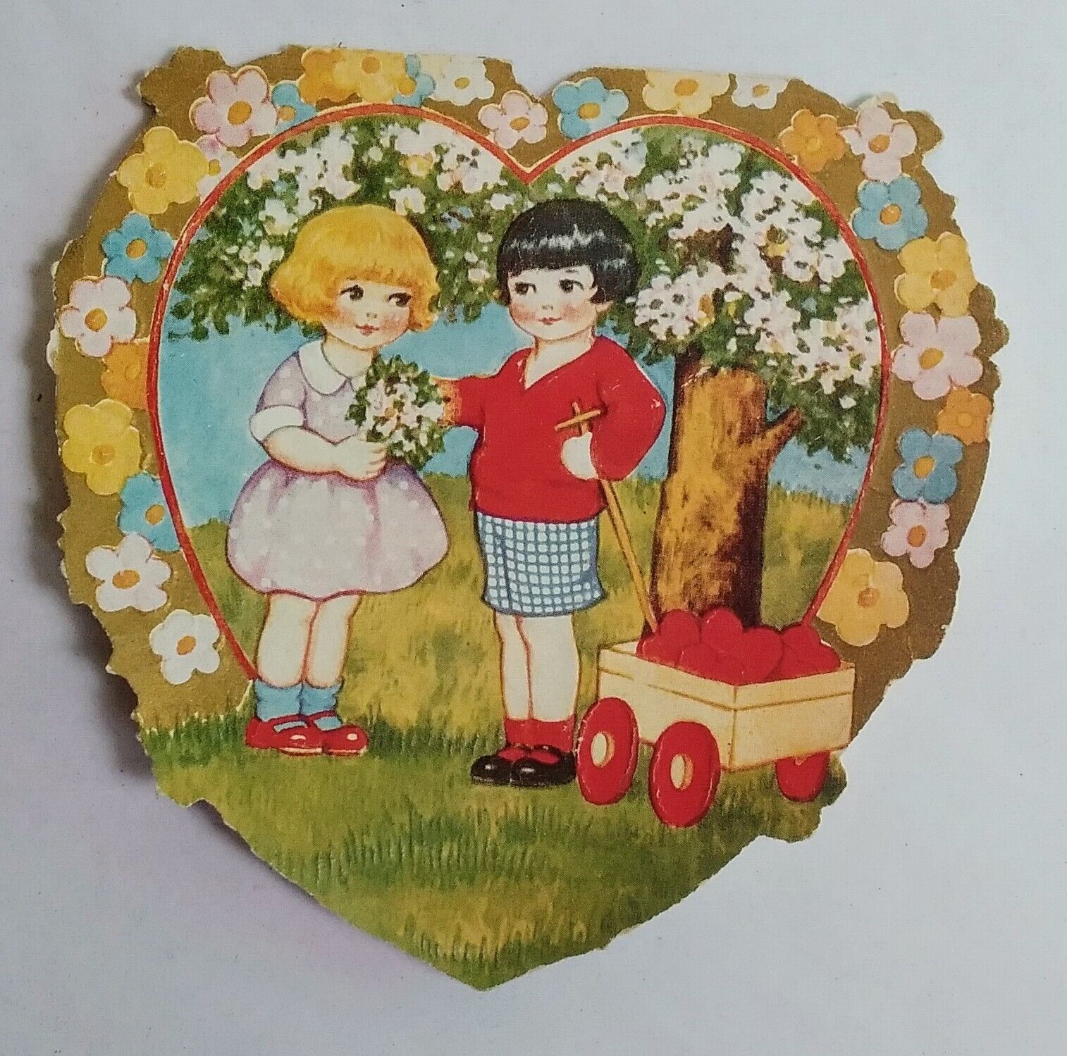 Vintage Valentine  Boy Girl Wagon Of Hearts