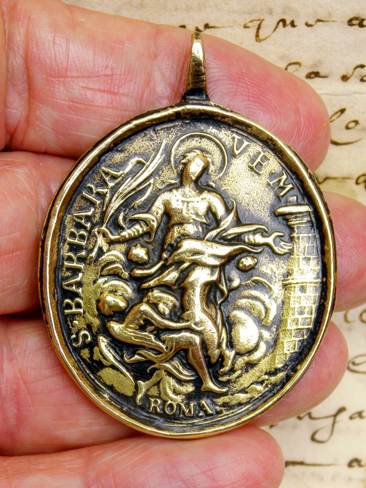 ANTIQUE 18TH CENTURY ST. BARBARA CATHOLIC THE IMMACULATE CONCEPTION BRONZE MEDAL