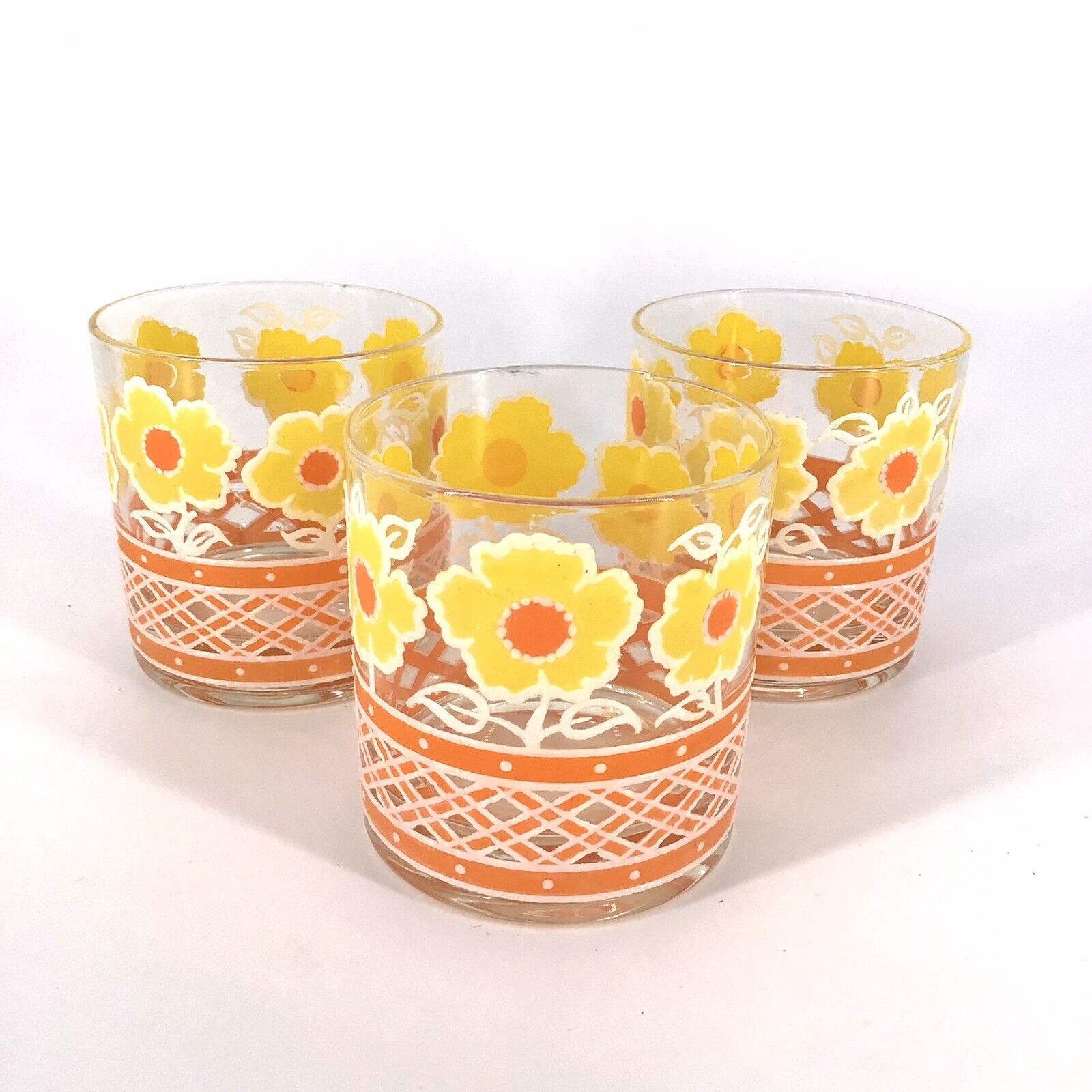 Culver Daisy Low Ball Glasses Signed Set of 3 Rocks Old Fashion Vintage