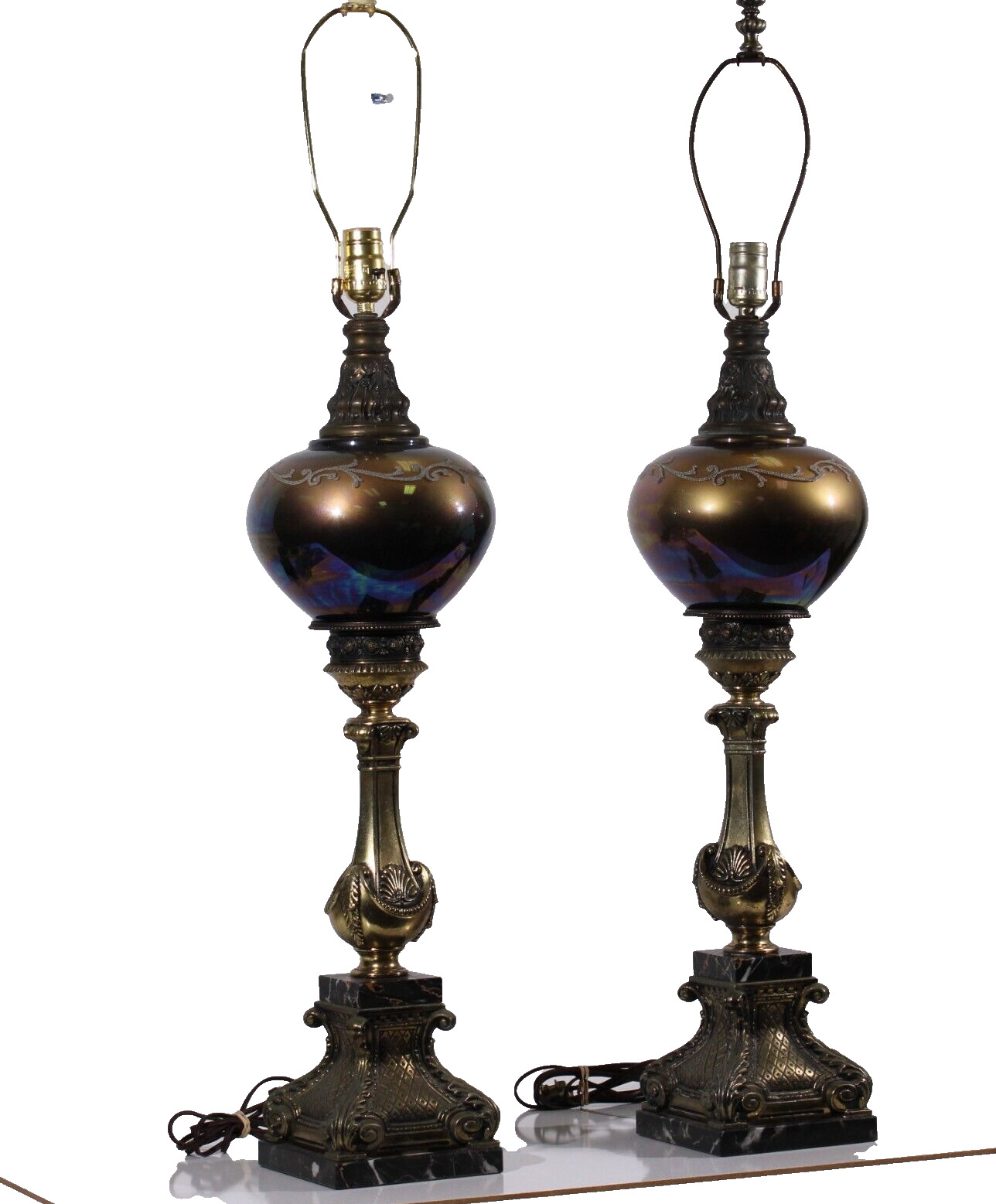Hollywood Regency Table Lamps Iridescent Glass Brass Marble Lamps