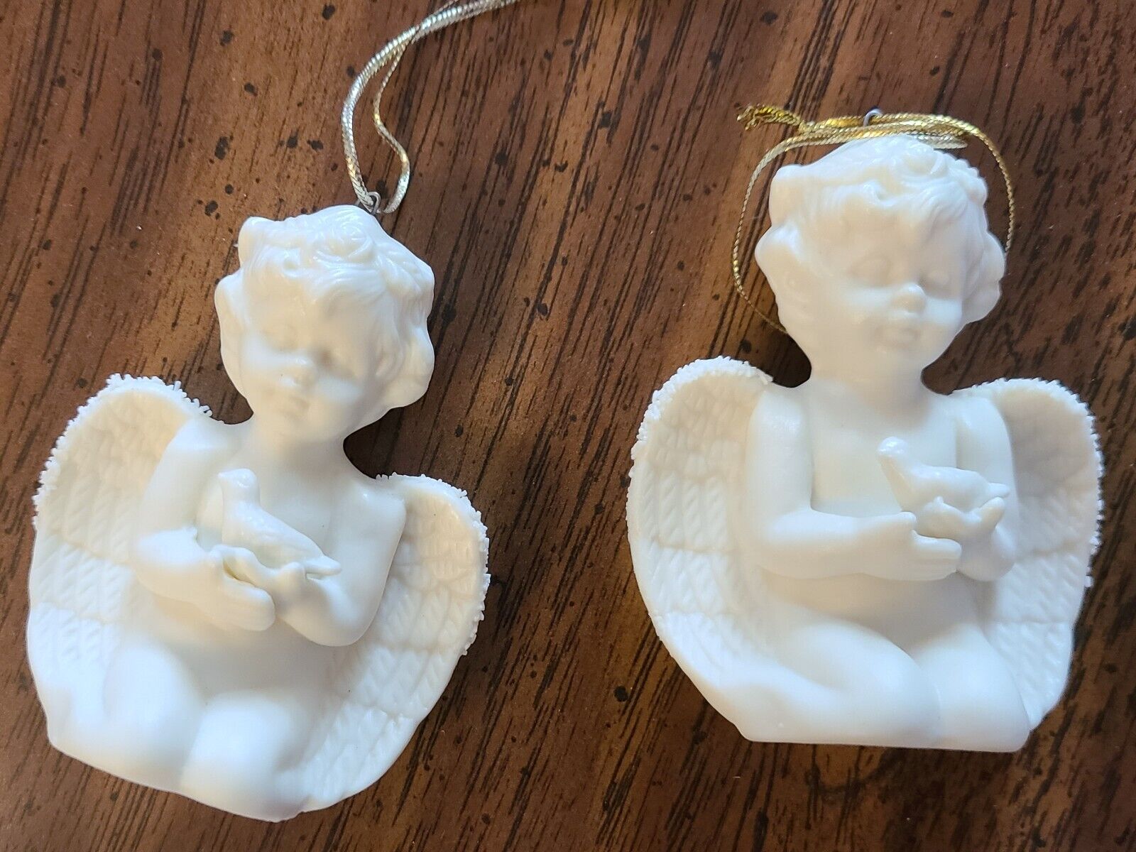 2 vintage Bisque Kneeling Cherub Angel Holding Dove Christmas Ornament Set Autom