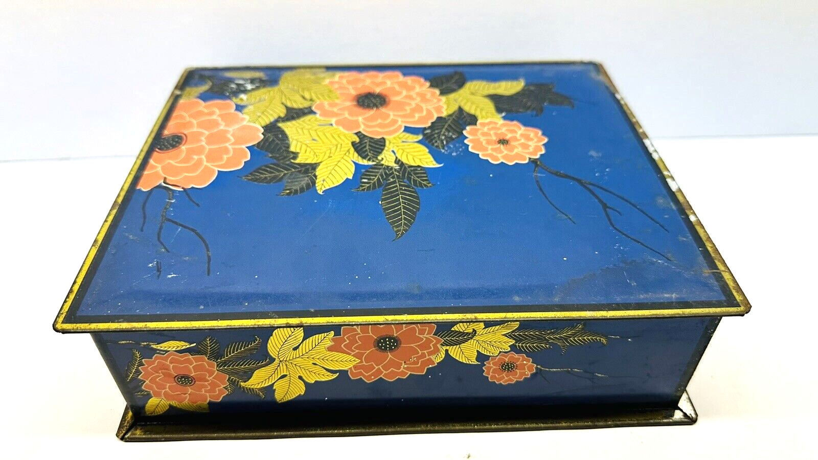 Vintage Rare Malone's Candies Art Deco Floral Tin Hinged Lid Box