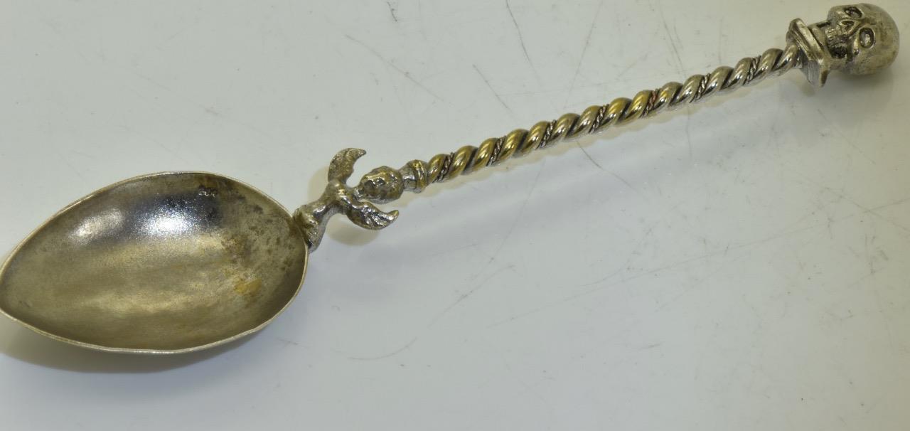 Antique Victorian Doctors Medicine Silvered Poison Skull Cherub Spoon