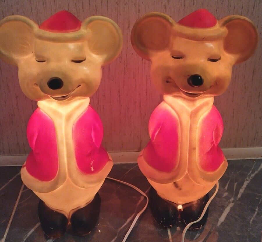 Pair of 1960s Union Products Lighted Tan, White Mice, Mouse Christmas Blow Molds