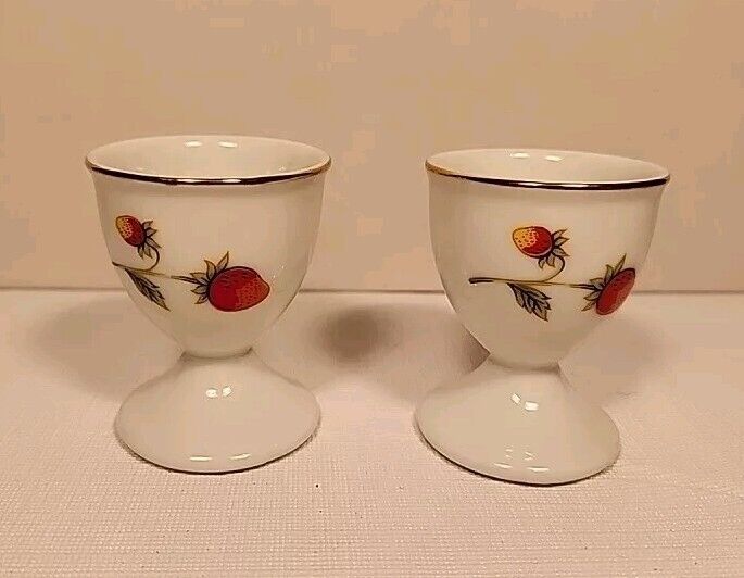 Set Of 2 Vintage Porcelain Egg Cups Strawberry Design Gold Rim