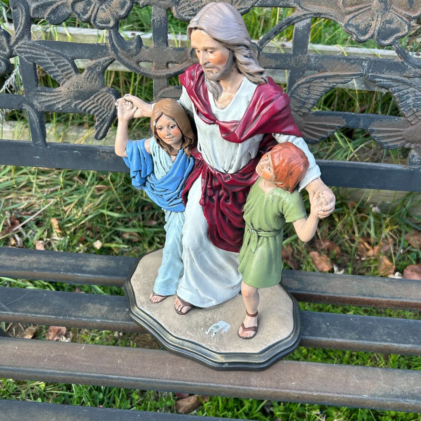 Vintage Jesus Christ Statue With Girl & Boy Kids Children Religious Figurine