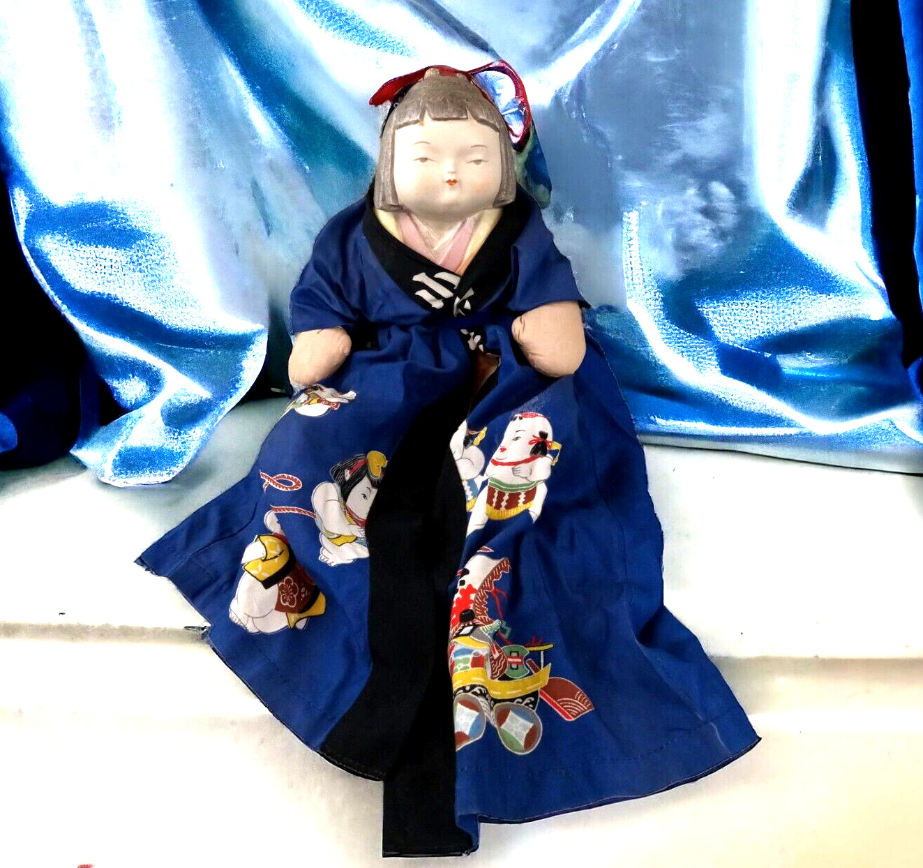Vtg Traditional Japanese Porcelain Head Ceramic Mother & Baby Doll Silk Kimono