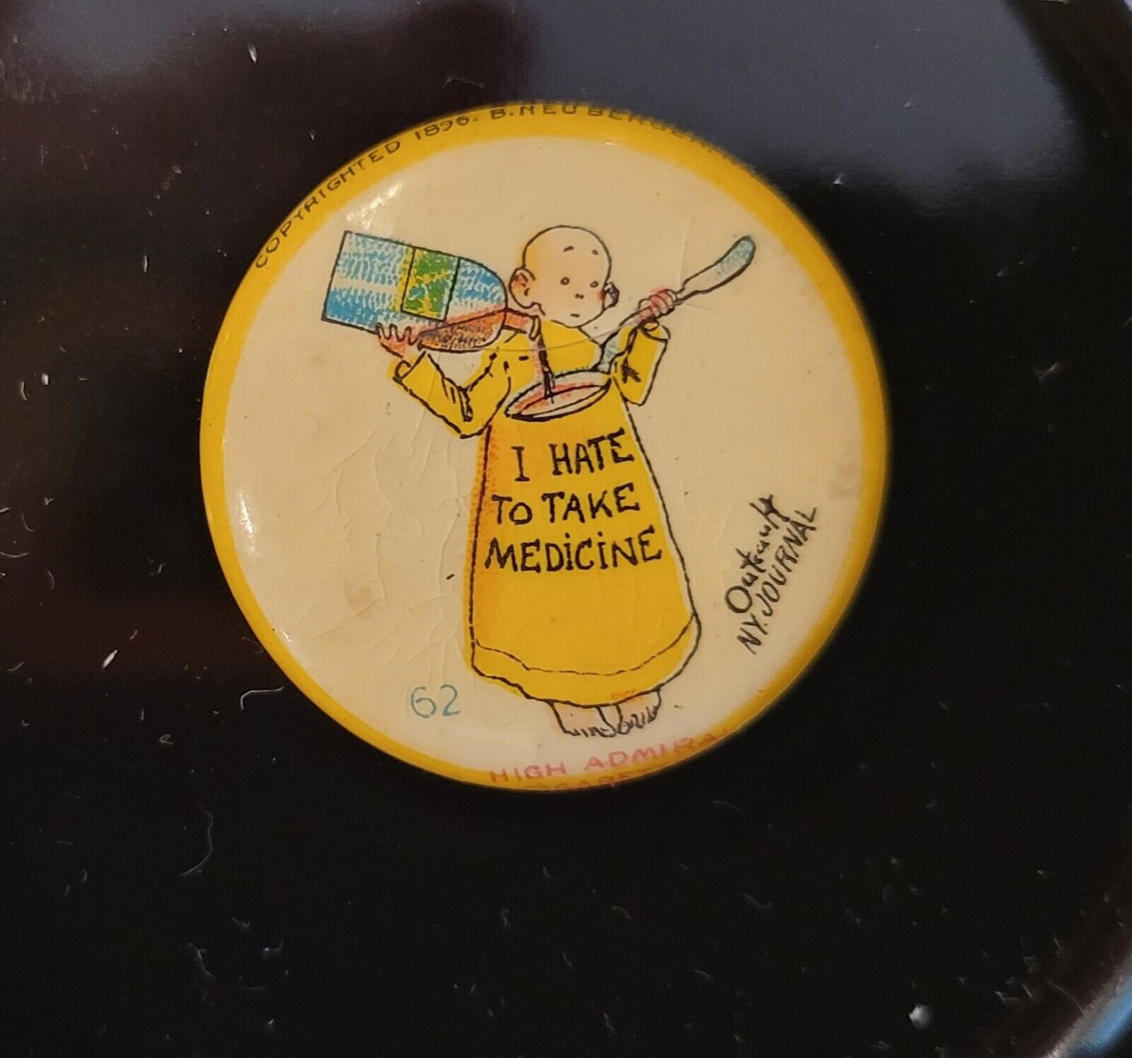 1896 High Admiral Cigarettes The Yellow Kid #62 Pin Pinback Button Medicine