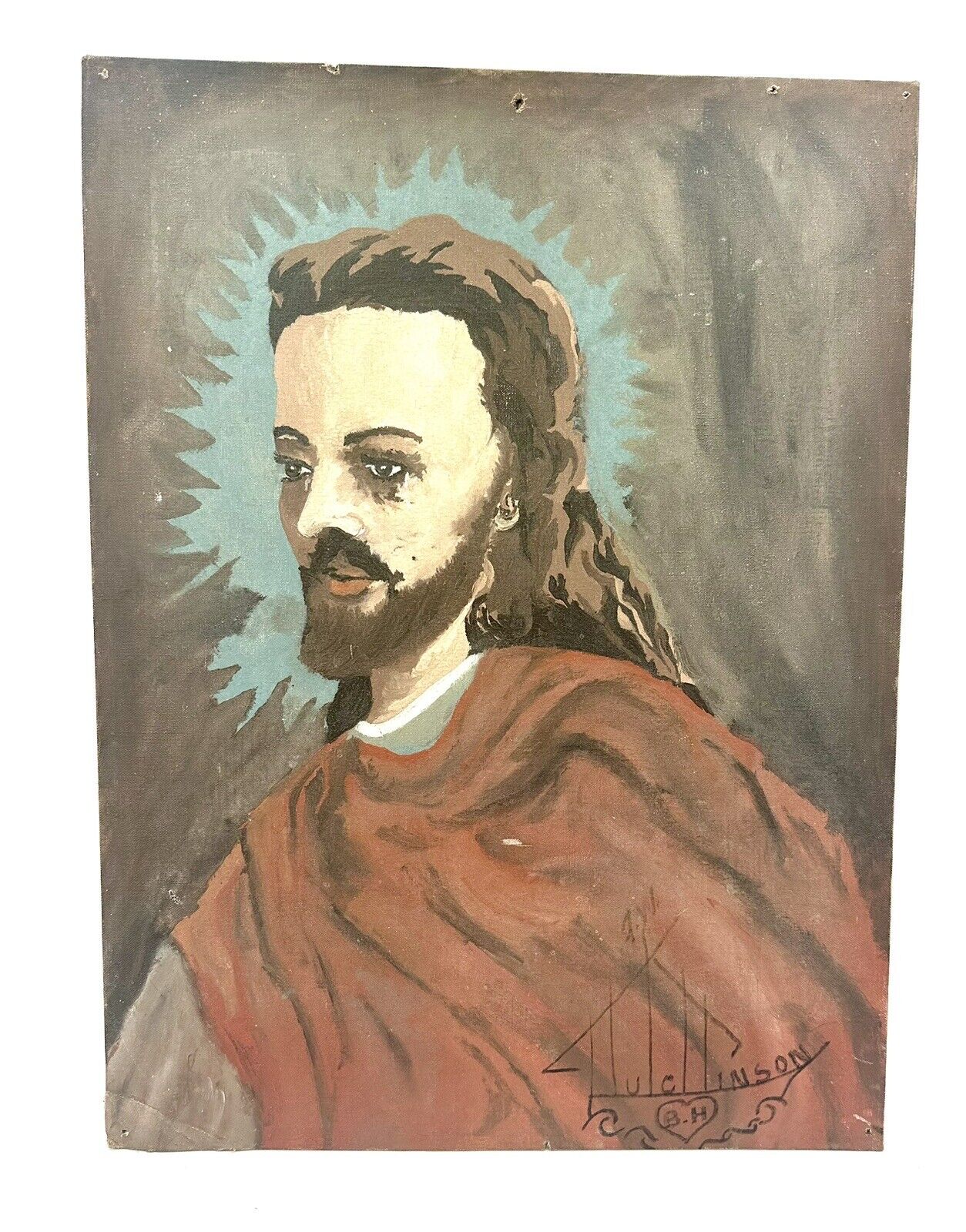 VINTAGE LORD JESUS CHRIST UNFRAMED PORTRAIT PAINTING 1960s FOLK ART SIGNED 18x24