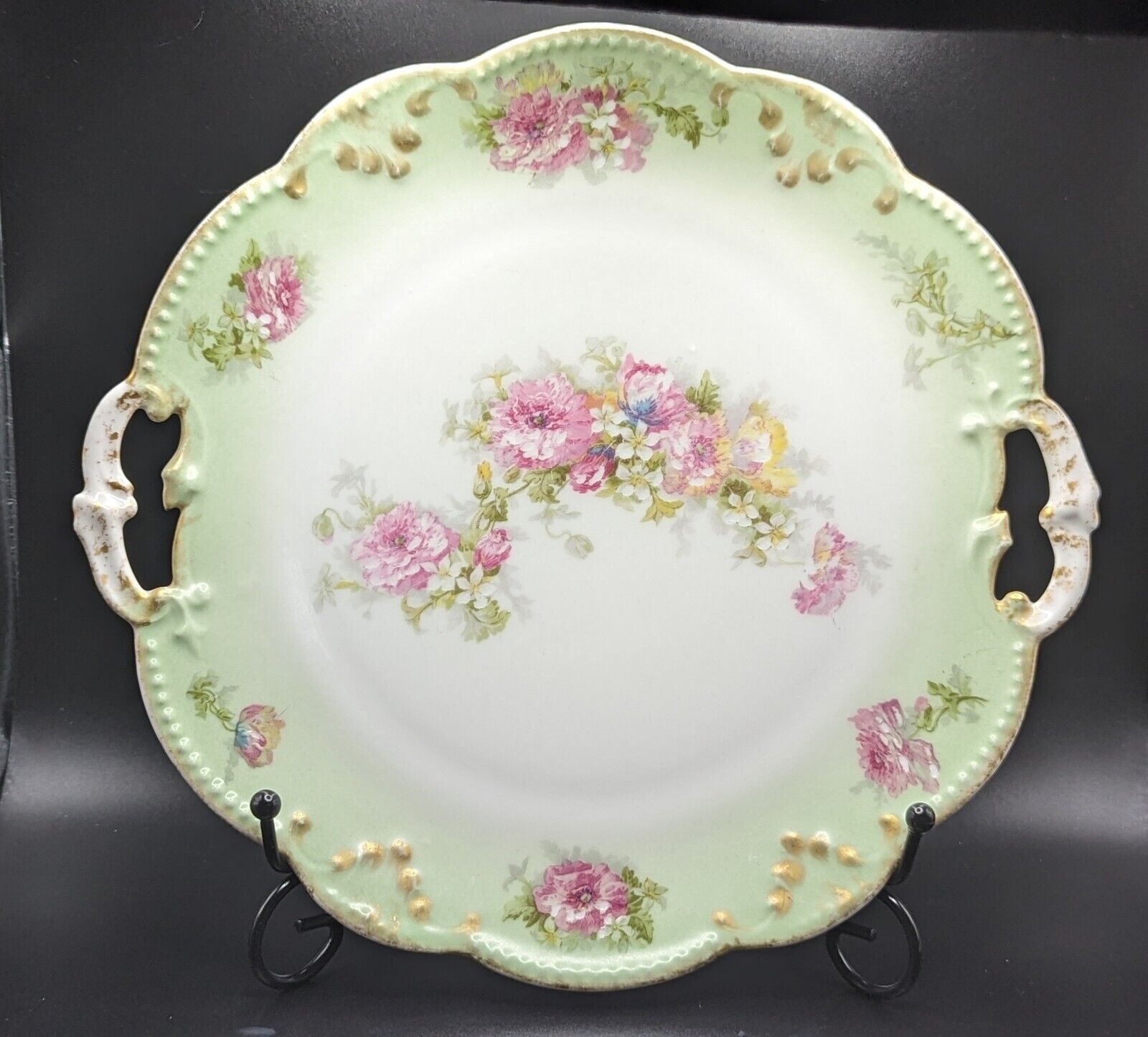 Limoges AK CD France Antique Serving Plate Lt Green W/Pink Floral Gold Trim