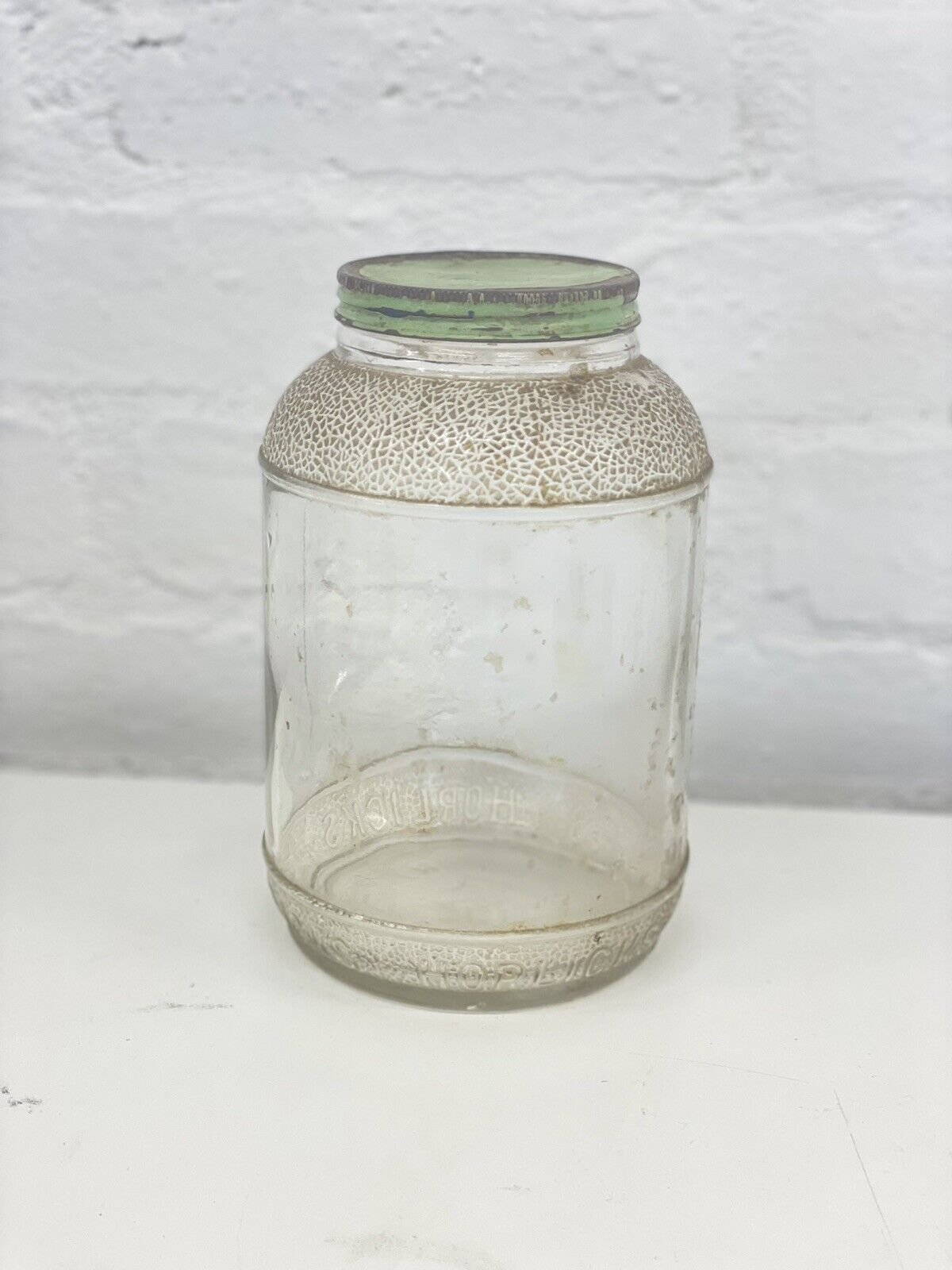 OLD VINTAGE RARE UNIQUE CLEAR GLASS ENGRAVED HORLICKS GLASS JAR WITH TIN LID