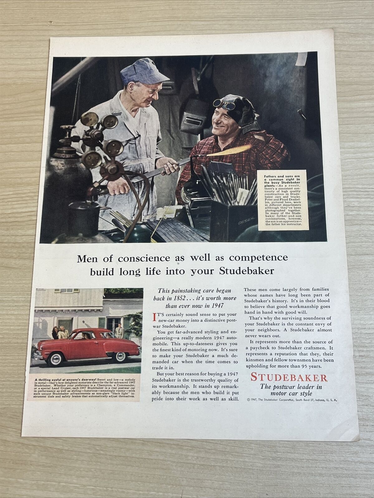 1947 Studebaker Car Vintage Print Ad Life Magazine Shop Work