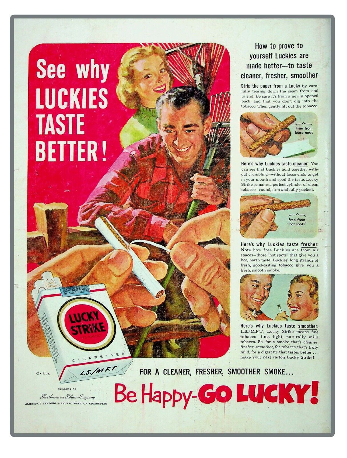 See why Lucky Strike Cigarettes Be Happy-Go Lucky Vintage Print Ad 1952 Life Mag