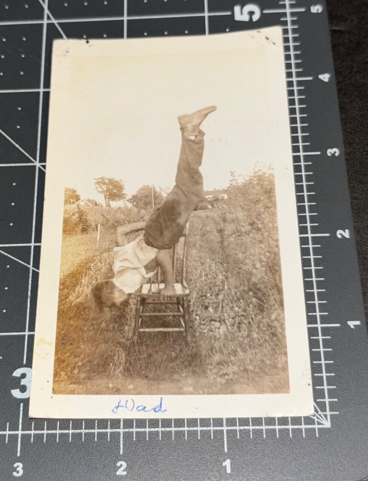 Strong Man HEADSTAND on Chair Acrobat 1920s Vintage Snapshot PHOTO