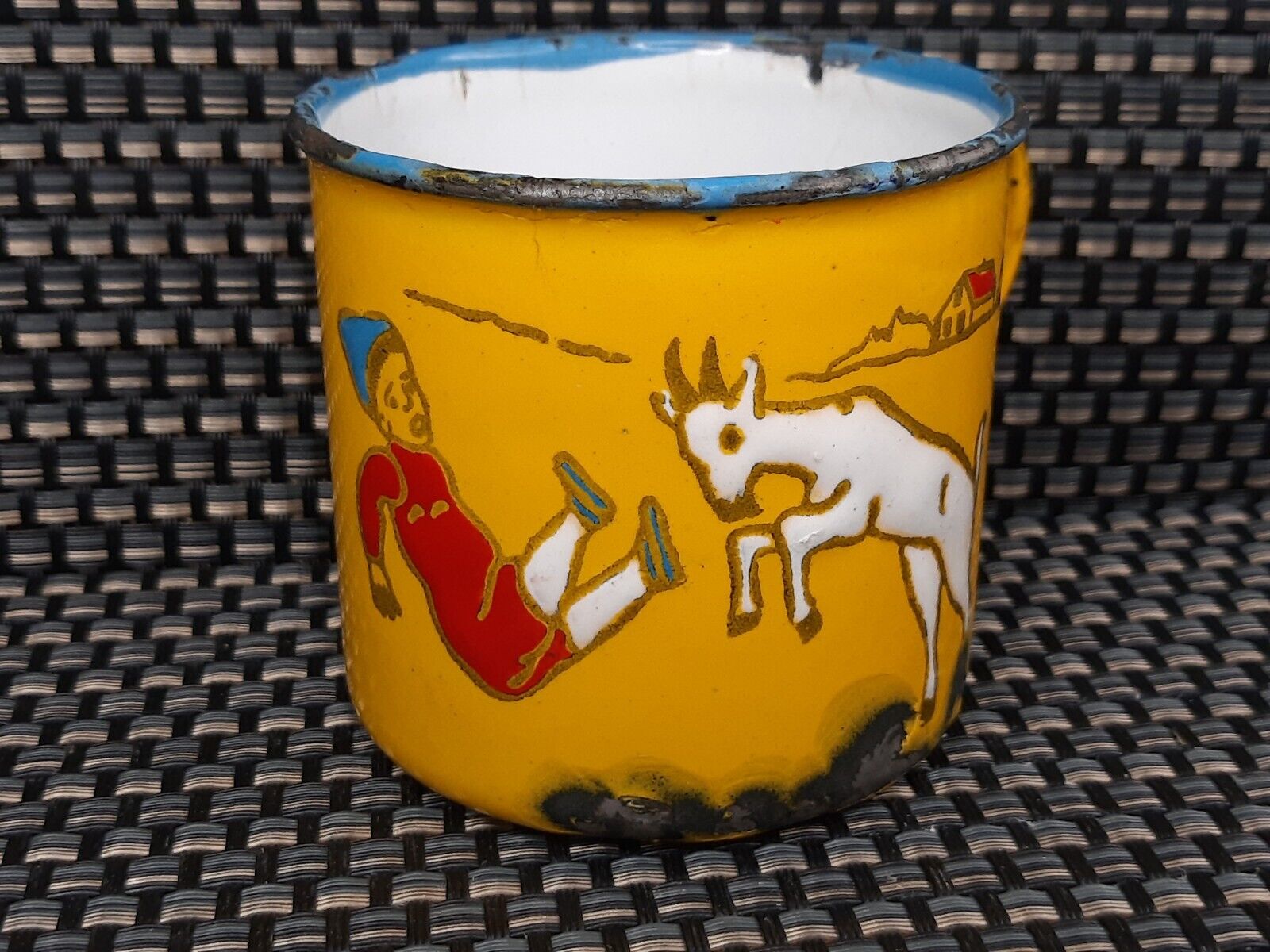 Antique 1930\'s Yellow Enamelware Child\'s Cup Boy & Goat Germany