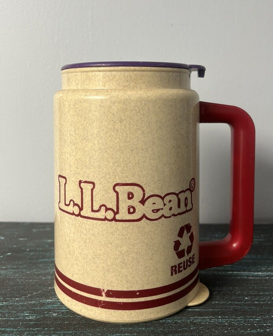 VTG LL Bean Plastic Travel Coffee Mug Cup w/ Lid Purple Whirley Made in USA