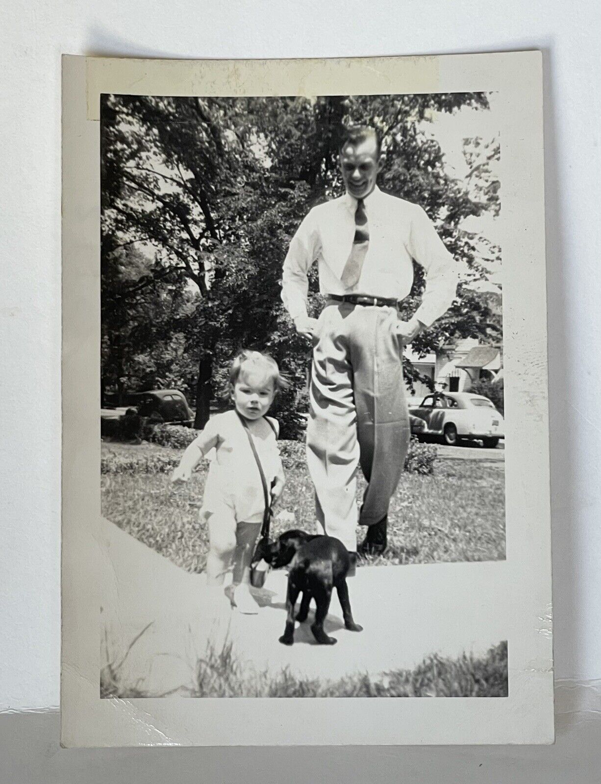Vintage Photo Black White Snapshot Cute Puppy Dog Little Girl With Her Father