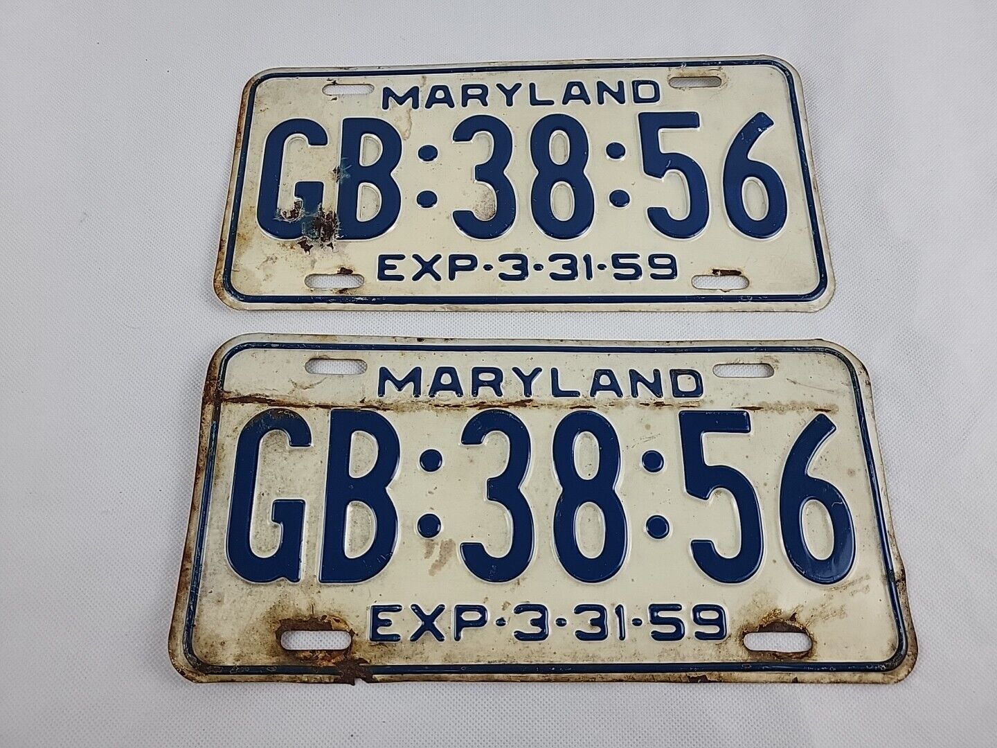 Maryland License Plates Matching Pair Vintage 1959 GB:38:56 EUC