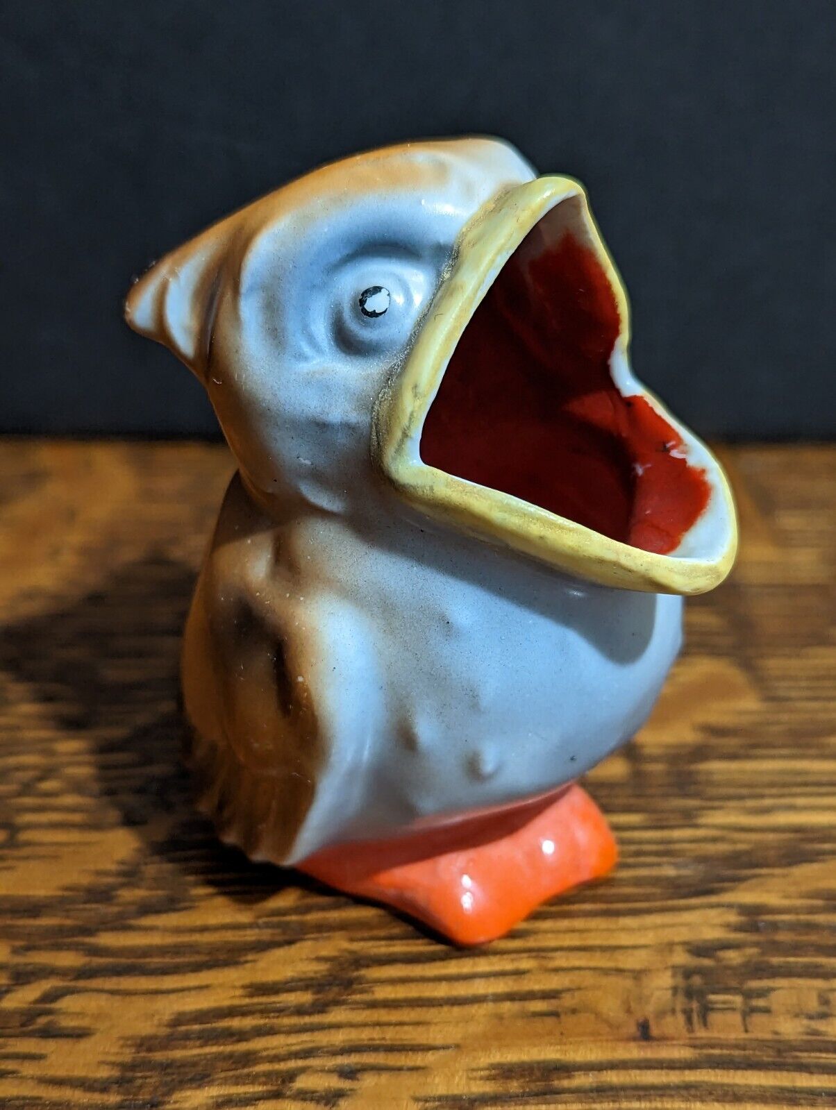 RARE Vintage Baby Owl Figural Bird Open Mouth Ceramic Ashtray - Toothpick Holder