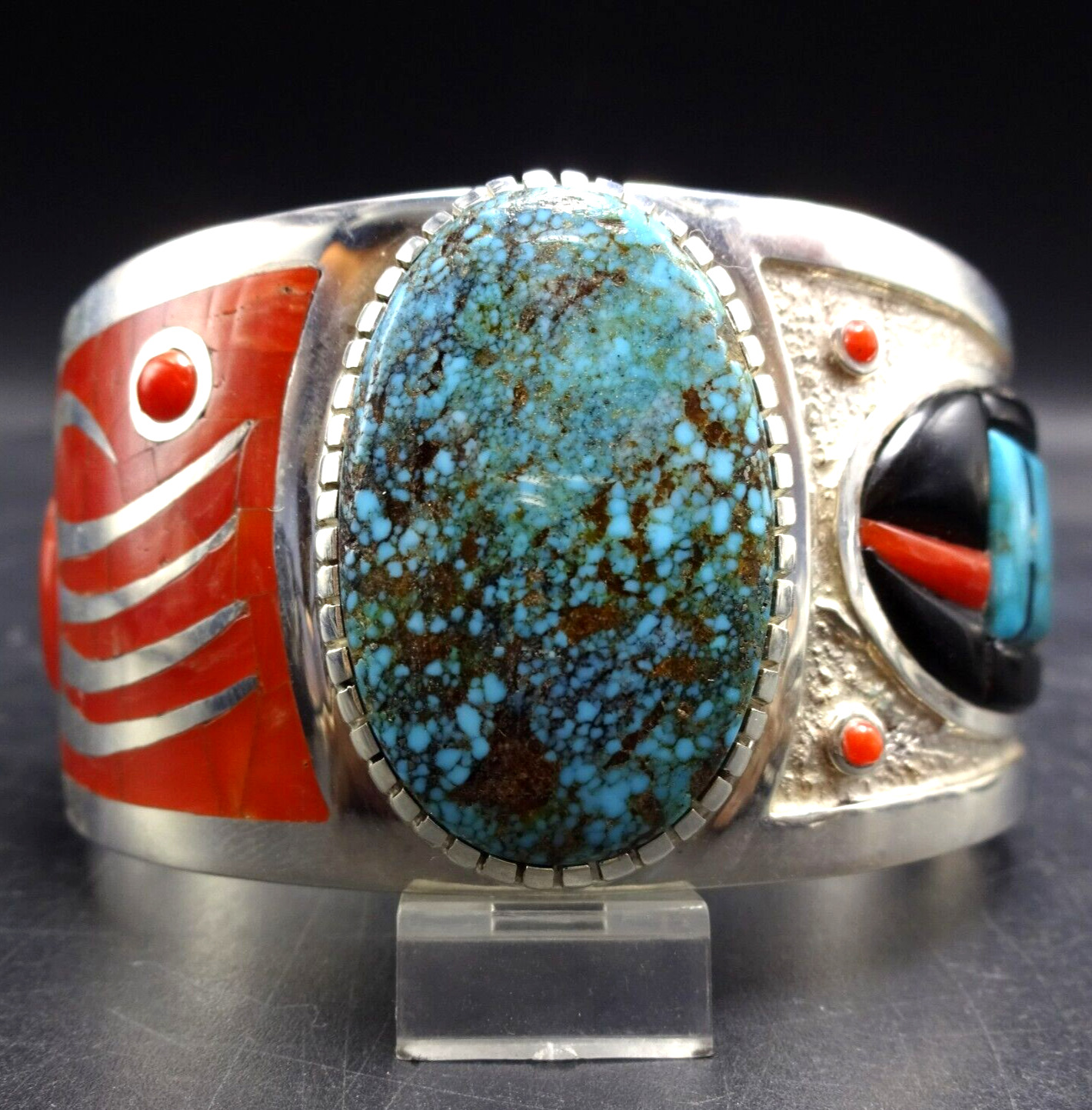 MICHAEL PERRY Navajo TURQUOISE and CORAL Sterling Silver YEI Cuff BRACELET