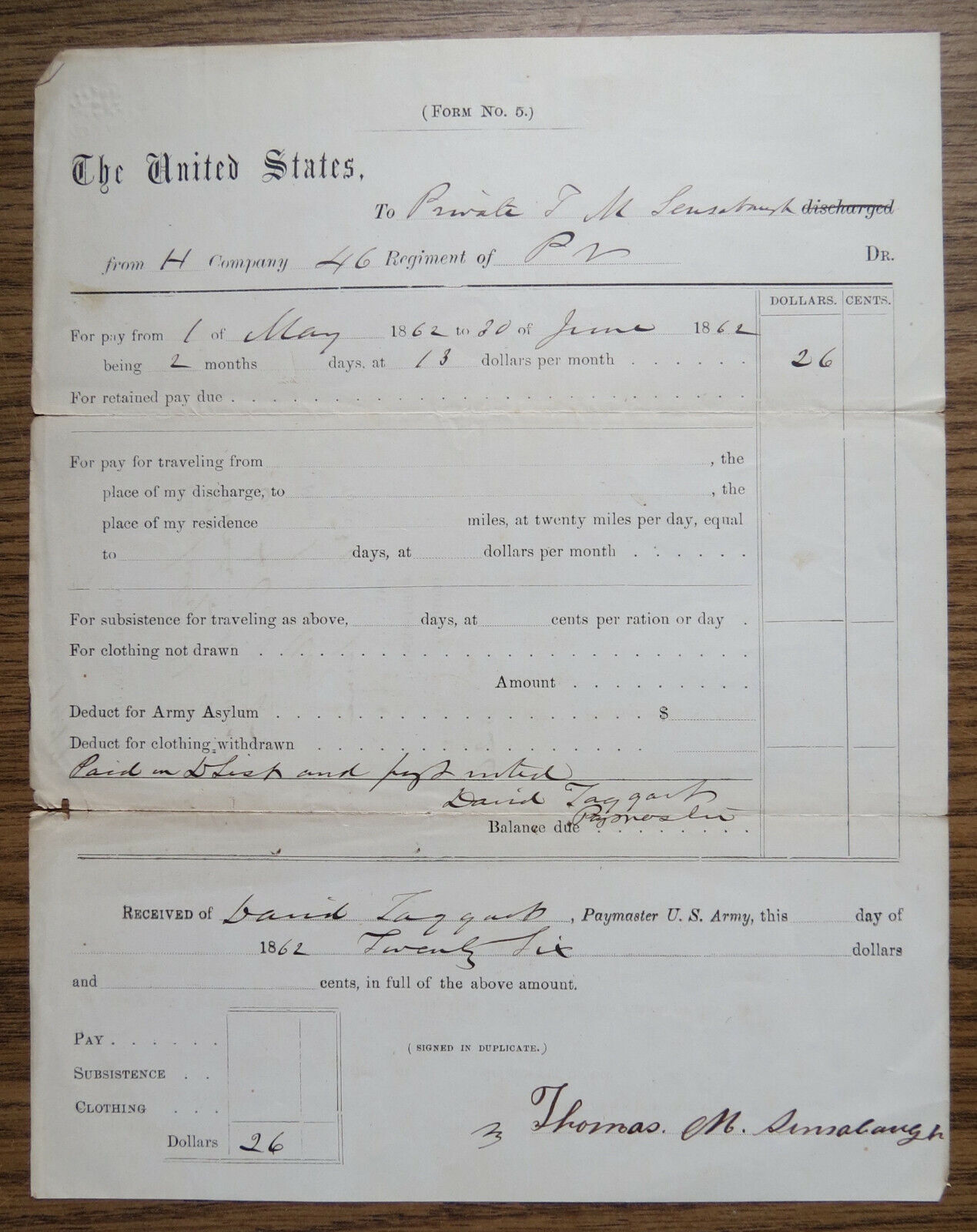 1862 CIVIL WAR PAYMENT VOUCHER J.M. LENSABURGH 46th PA REGT. For $26